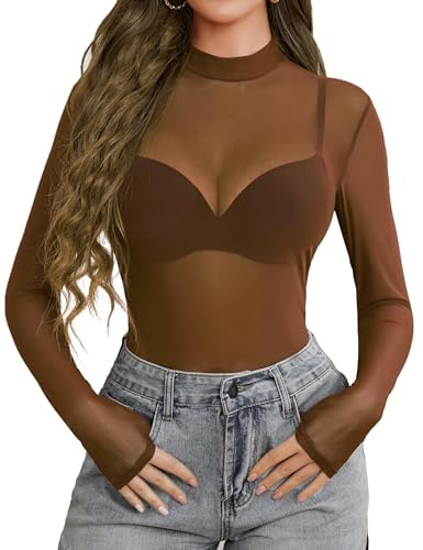 Avidlove Women's Mesh Tops Sexy Long Sleeve T-Shirt Half Mock Neck Bodysuit Slim Fit Rave Outfit Casual Blouse Tee Festival Clubwear Y2K Party Shirt Brown S