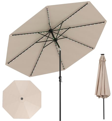 RELAX4LIFE Sonnenschirm 300 cm mit LED-Solar-Beleuchtung, 9 Modi, 35° knickbarer Gartenschirm, Terrassenschirm mit Kurbel, neigbarer Marktschirm für Garten, Balkon, Terrasse (Beige)