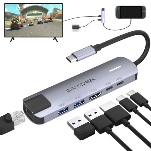 GAMOREK Switch 2 Dock 4K@60Hz for Switch 2/ Switch OLED/Steam Deck/ROG Ally X/Legion Go, 6-in-1 Switch2 TV Dock with HDMI 2.1, Gigabit Ethernet, 2 USB 3.0, type-c, 100W PD IN