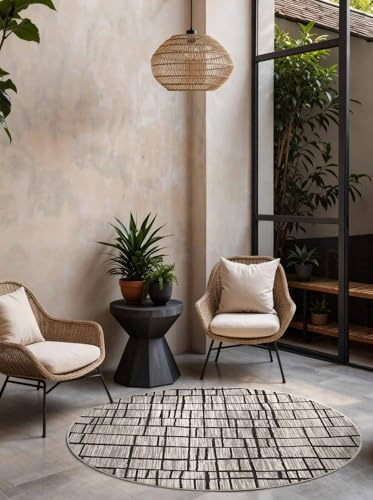 Ted Baker Flachgewebe Teppich Crouch Rund - Wendeteppich Outdoor geeignet, Pflegeleichter Wohnzimmerteppich, Modern, Abstrakt Muster für Wohnzimmer, Terrasse, Esszimmer, Balkon - Schwarz Weiß, Ø160 cm