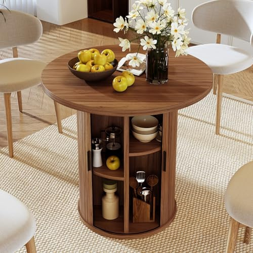 Hawthyhome 80cm Round Dining Table with Hidden Storage, Modern Kitchen Pedestal Table with Slatted Sliding Door, Small Circular Wood Table for 2-4 Persons [Walnut Finish]