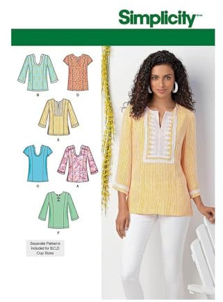 Simplicity 1461 Size AA Misses and Plus Tunic with Neckline and Sleeve Variations Sewing Pattern, Multi-Colour