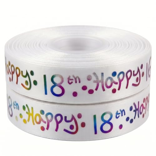 Doppelseitiges Satinband, 2 m x 25 mm, Happy 18th Birthday, für Geburtstagstorten, Geschenkpapier, Dekoration