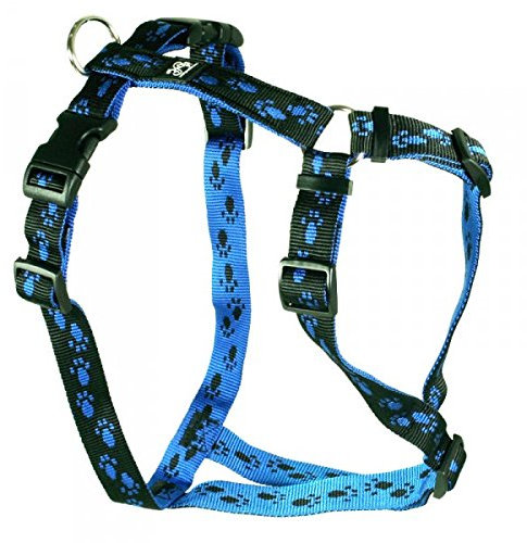 Feltmann Hundegeschirr - Soft-Nylonband schwarz mit blauen Pfötchen, Bauchumfang 75-100 cm, 25 mm Bandbreite