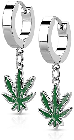 Bungsa Ohrstecker Creolen silber mit Anhänger Hanf Marihuana/Cannabis Design aus 316L Edelstahl