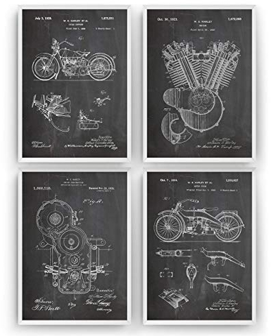 Harley Davidson Patent Poster - Set Of 4 Prints - Jahrgang Bild Drucke Kunst Geschenke Zum Männer Frau Entwurf Dekor Vintage Art Blueprint Decor - Rahmen Nicht Enthalten