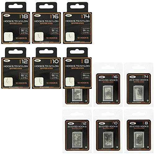 DNA 60x Carp Coase Fishing Barbless Hooks to Nylon 10 of Each Size (8, 10, 12, 14, 16 & 18) and 120x Barbless Eyed Hooks 20 of Each Size (8, 10, 12, 14, 16 & 18)