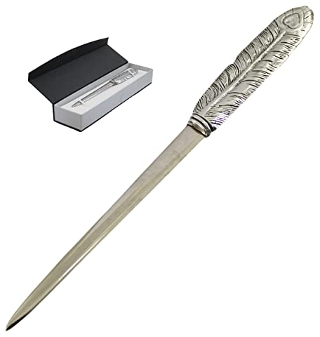 Cavagnini, Eleganter Brieföffner aus Edelstahl und Zinn, inklusive Geschenkbox (Feder)