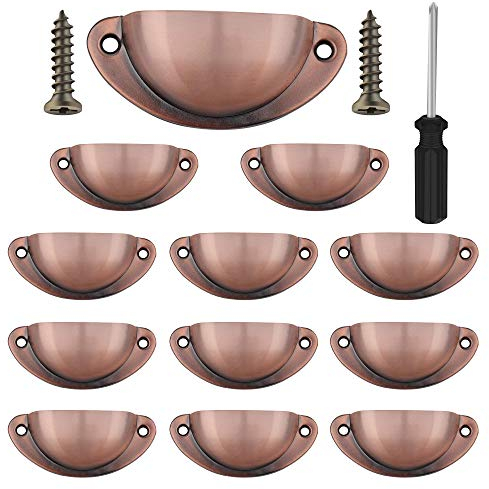 Vandicka 12 Pcs Vintage Half Moon Shell Cup Pull Handles for Cabinet Cupboard Door Dresser Wardrobe Drawer with Screws, 65mm Hole Centres, Brushed Copper