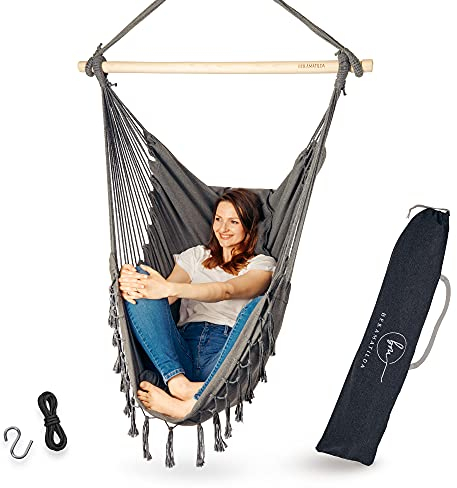 BELLAMATILDA® Hängesessel inkl 3 Kissen, Zubehör mit Seil & Haken - Outdoor & Indoor XXL Hängeschaukel - Hängestuhl ohne Gestell bis 150kg als Schaukel für Garten, Terrasse, Wohnzimmer & Balkon (Grau)