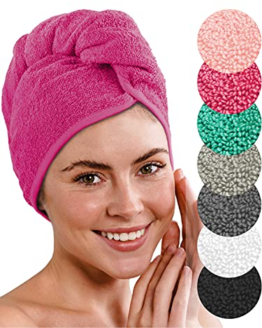 LAYNENBURG 2er-Set Premium Haarturban mit Knopf aus 100% Baumwolle - Haar-Handtuch inkl. 8 Haargummis - für Kurze und Lange Haare – Turban Handtuch ist schnelltrocknend und saugstark (Fuchsia)