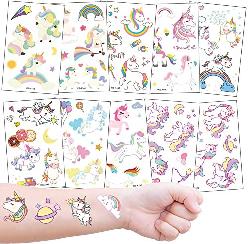 10 Einhorn Tattoo Kinder, Unicorn & Regenbogen Temporäre Kindertattoos für Einhorn Party geburtstag Mitgebsel
