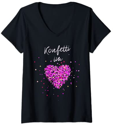Damen Konfetti im Herzen Fasching Karneval Konfetti Kostüm Outfit T-Shirt mit V-Ausschnitt