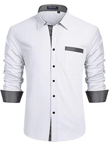 Enlision Chemise Homme Blanc Mariage Manches Longues Regular Fit Chemises Casual Business Formelle Chemise Contrastée avec Poche L