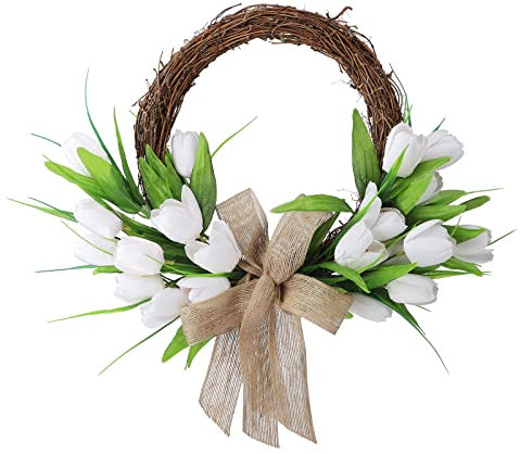 WUHNGD Artificial White Tulip Wreath 40 CM Silk Tulip Wreath Half Coverage Spring Summer Wreath Welcome Wreath for Front Door with Green Leaves & Burlap Bow, 40 cm/15.7 inch