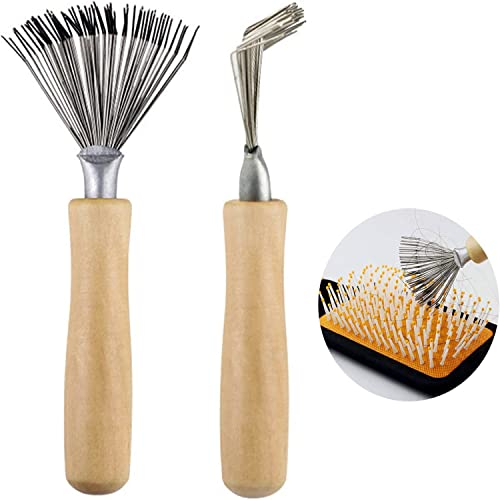 LATRAT 2 pièces nettoyant brosse à cheveux, peigne nettoyant avec manche en bois pour toutes les tailles de brosse pour nettoyer les brosses, peignes, tapis de bain, tapis