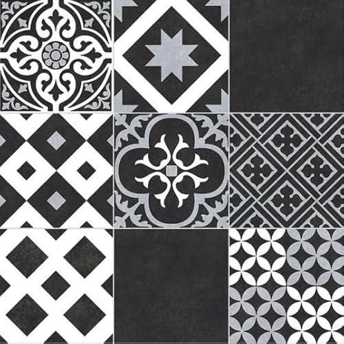 Sol Vinyle Link Plus - Carreaux de Ciment Noir et Blanc - Surface Brillante - Rouleau de 3.00m x 6m