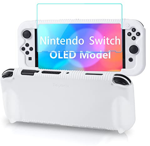 Teyomi Silicone Custodia compatibile con Nintendo Switch OLED modello 2021, Cover Nintendo Switch Oled con protettiva con accessori in vetro temperato, 2 scomparti per carte da gioco (bianco)