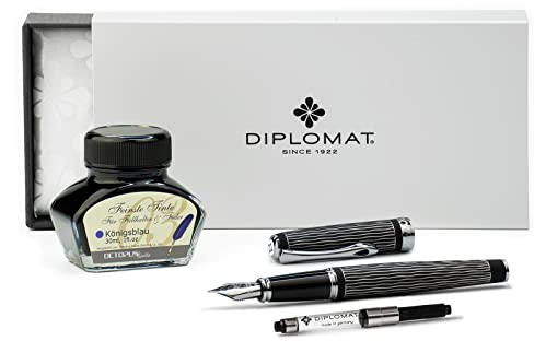Diplomat Excellence A+ Wave guillochiert lapis schwarz, Füllfederhalter mit Schreibtinte und Konverter, Füller mit Edelstahlfeder Stärke M, Füllhalter-Set