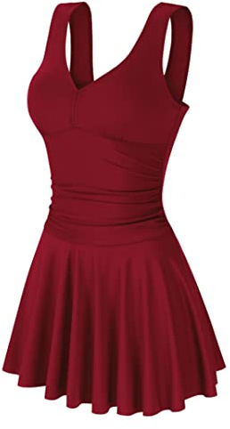 Clearlove Damen Push up BadekleidFigurformender Bunt Badeanzug mit Röckchen Bauchweg Einteiliger Badekleid Weinrot-Upgrade,XL