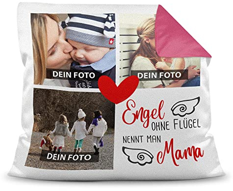 Print Royal Kissen mit Füllung zum selbst gestalten mit Foto-Collage für 3 Wunschfotos - Mama Engel ohne Flügel - mit Reißverschluss, Farbkissen Rückseite Pink, 40 x 40 cm