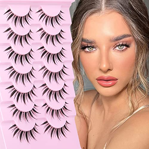 Lot de 7 paires de faux cils manga à picots de 14 mm - Style japonais - Courts - Coréen naturel - Bande transparente - Pour cosplay Goddvenus