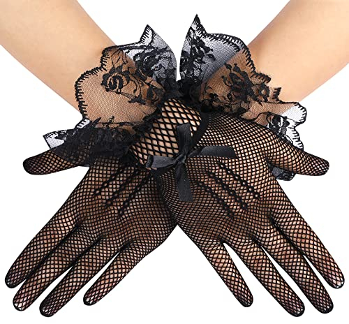 PROUSKY Spitzenhandschuhe Lace Tüll Handschuhe, Fishnet Kurze Braut Hochzeit Damen Spitze Handschuhe Opera Fest Party Handschuhe 1920s Handschuhe Hochzeit Tanzball, Cocktail Party, 9 * 25 cm, Schwarz