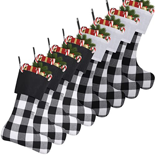 Cootato 8 Stück Weihnachtsstrümpfe, 45,7 cm Buffalo Plaid Weihnachtsstrümpfe, große personalisierte Strumpfdekorationen für Familie, Weihnachten, Urlaub, Party (schwarz und weiß) kariert)
