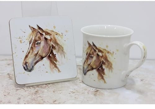 lesser and pavey LP34127 Ceramic Mug & Coaster | Country Life Horse design | Set of 2 Tableware, White