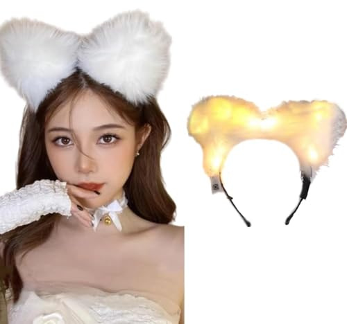 winvin Bandeau lumineux à LED avec oreilles de chat en fausse fourrure - Joli bandeau coloré pour festival et fête (blanc chaud)