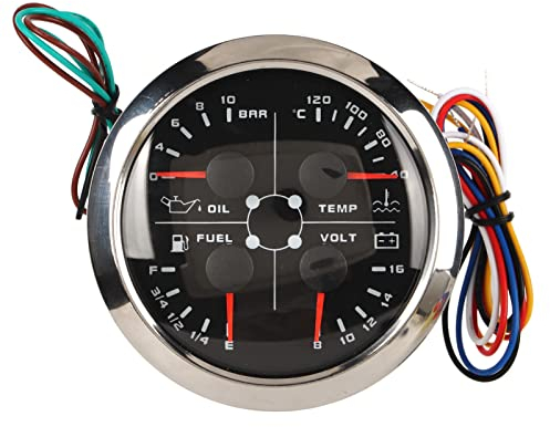Keenso Kraftstoffstandsanzeige, 4in1 85 Mm Anzeige Multifunktions-Kraftstoffstand Öldruck Wassertemperatur Voltmeter DC 9 Bis 32 V für Auto Wohnmobil Boot Motorrad (Schwarz °C/BAR)