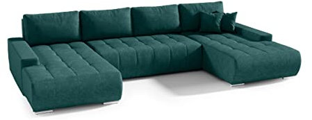 FEDVE Ecksofa mit Schlaffunktion Flaschengrün - Dhaka – Praktisches Schlafsofa mit Bettkasten – Gemütlich Rückenkissen Sofa mit Bettfunktion – Sofa U Form zum Salon für Viele Jahr