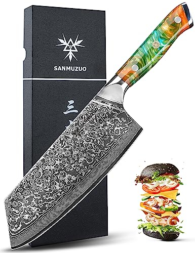 SANMUZUO Nakiri Messer 19 cm Profi Küchenmesser Damastmesser, Xuan Serie, VG10 Damaskus Stahl Küchenmesser mit Harz Griff(Dream Orange)