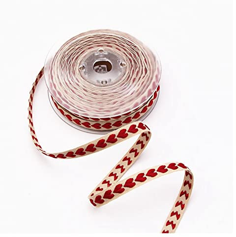 SHTGOI 1 Rolle 10m Herzen Baumwollband Herz Dekoband 10mm Breit Baumwolle Geschenkband Hochzeit Valentinstag Zierband Stoffband Gurtband für DIY Handwerk Geschenke Blumenstrauß Verpacken Rot