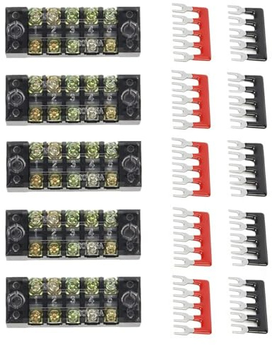 Yisanba 15pcs Dual Row 5-Position Screw Terminal Block 600V 15A - Pre-Insulated Barrier Strip Set with Clear Cover, Includes Red & Black Fork Terminals for Electrical DIY