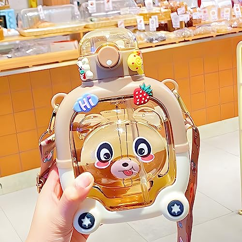 Bouteille d'eau en forme d'ours kawaii de 1000 ml, jolie bouteille avec paille, autocollant et brosse de nettoyage, étanche et sans BPA pour enfants, filles, garçons, école, plein air, voyage