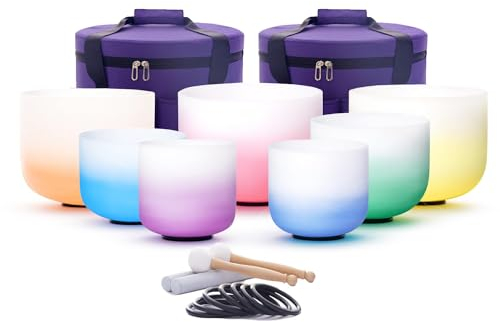 Hye-eun 432hz Farbverlauf Kristall Klangschalen Set 7 chakren 7-12 Zoll Crystal Singing Bowl, Meditationsset für Yoga, Energieheilung,Tiefenentspannung (inkl. Holzschlägel,Tragetaschen）