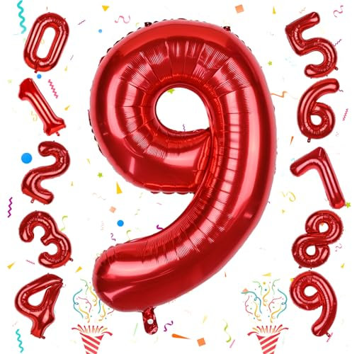 40 Inch Number 9 Balloons for Girls, Red Giant 9th Birthday Party Number Balloons 0-9 Set Decorations for Women Men Anniversary Celebration Graduation Party Decoration Supplies