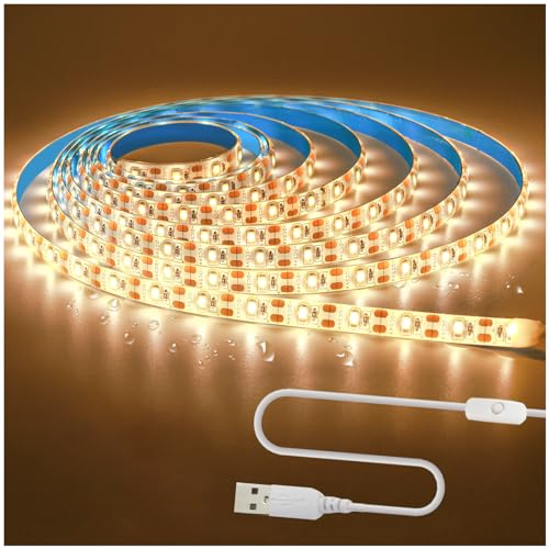 Tesfish 5V USB LED Streifen Licht, Warmweiß 3500K 3M Strip Lichtband 2835 IP65 Wasserdicht 180 LEDs Plug und Play band Lichtleiste Leiste mit Switch für Schlafzimmer, Küche Dekoration