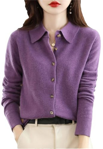 Cardigan da donna Autunno Inverno Lana Cardigan A Maniche Lunghe Maglione Solido Turn Down Collare Cashmere Knit Cardigan, Viola scuro, L
