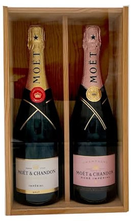 Coffret cadeau bois - vitre transparente - Champagne Moët brut - 1 Brut &1 Rosé - 2x75cl
