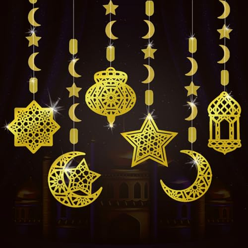 AhfuLife Decoration Aid Mubarak 2025, 6PCS Decoration Eid Mubarak Lanterne Lune Étoiles Guirlandes Ramadan Mubarak Decor Ramadan Suspendre pour Muslim Fête du Aïd, Aïd al-Adha Jardin Maison