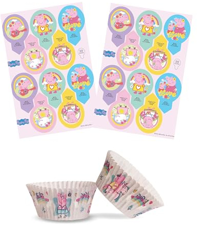 DKZBR Peppa Wutz Set 20x Essbare Muffinstecker+ 25x Muffinförmchen mit Peppa Pig Motiven - Deko für Muffins und Cupcakes zum Kindergeburtstag