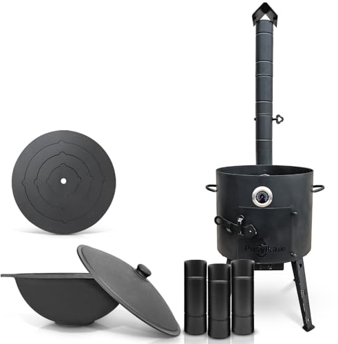 Feuerofen Ø 40 cm Herdplatte Ø43 cm 4 Ringe Kazan Ø 42,5 cm (12 L) flacher Boden mit Thermometer Schornsteinverlängerung (Set - 553)