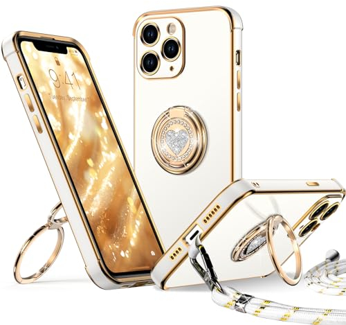 XYZ for iPhone 11 Pro Max Case with Stand, Double Ring Holder for Girls Women, Luxury Cute Bling Protective Phone Cover for iPhone 11 Pro Max, White