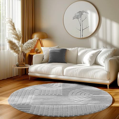 HomebyHome Kurzflor Teppich 160 cm Rund Silber - Hoch-Tief 3D Effekt, Waschbar, Flauschig und Extra Weich - Skandinavisch Boho Muster für Wohnzimmer, Schlafzimmer, Esszimmer und Küche