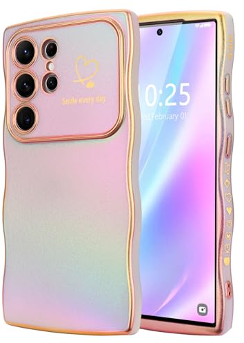 LCHULLE für Samsung Galaxy S24 Ultra 5G Hülle Herz Wellenform,Helllila | Handyhülle Wellen Lockige Form mit erhoben Kameraschutz,Luxus Galvanisierte Schutzhülle Herzmuster Mädchen,Wavy Heart Case