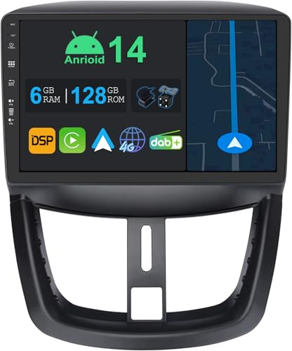 YUNTX 9 Pulgadas Android 13 Autoradio para Peugeot 207 2006-2015 | Octa Core | 6GB 128GB | Integrado 4G LTE | CarPlay&Android Auto | DSP | Dab | QLED | Dual Band WiFi |Bluetooth 5.0