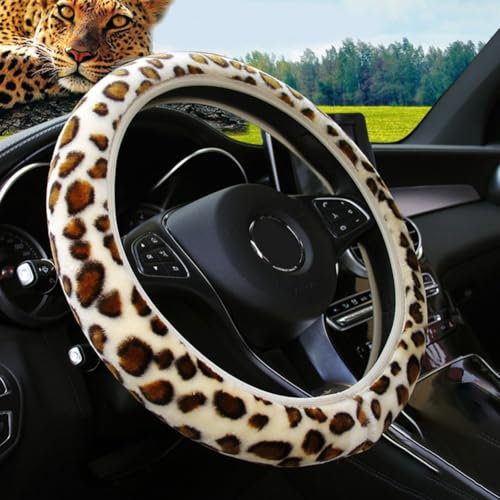 Auto-Lenkradbezug mit trendigem Leopardenmuster, weiches flauschiges, warmes Plüschmaterial (Beige)