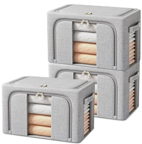 Resszo 3 Pezzi Scatole per Armadio, 24 L Organizzatore Armadio con Struttura in Metallo Pieghevole, Scatole Armadio Impilabil con Cerniera per Vestiti, Coperte, Piumoni-3x24L
